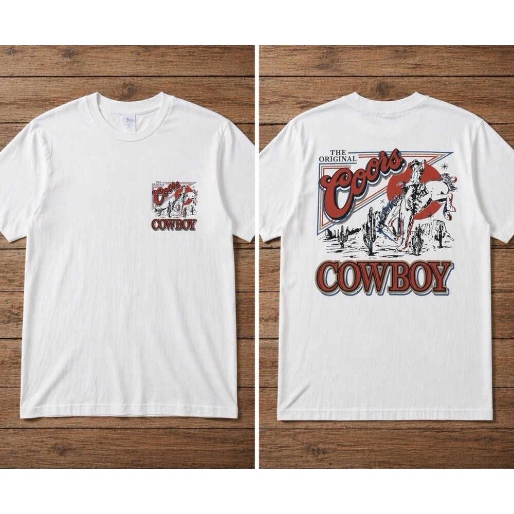 Coors Cowboy Graphic T-Shirt Double Sided Western Beer Shirt Size Small White